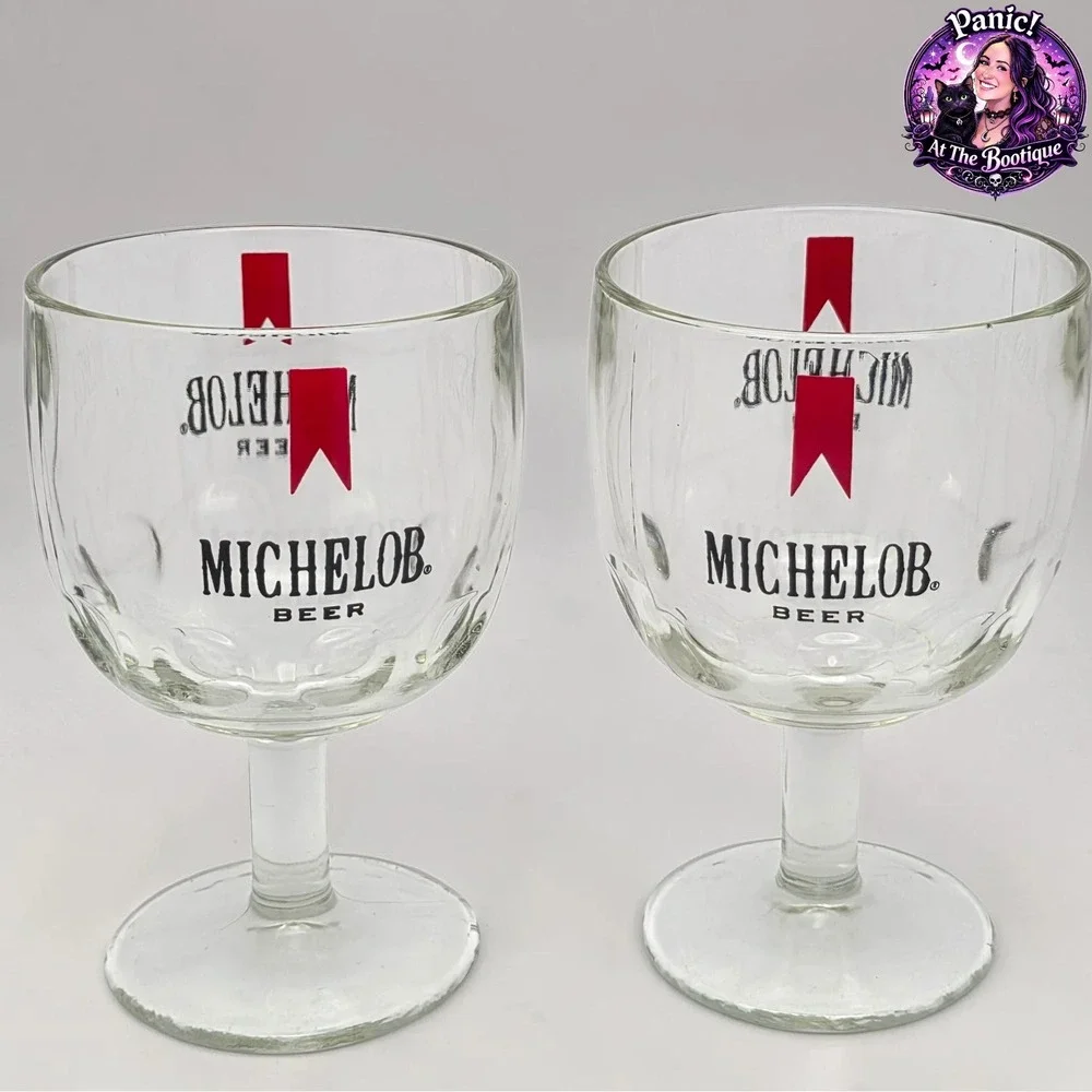 Vintage Michelob Beer Goblet Set of 2 Glass Barware Chalice Man Cave 1980s Retro